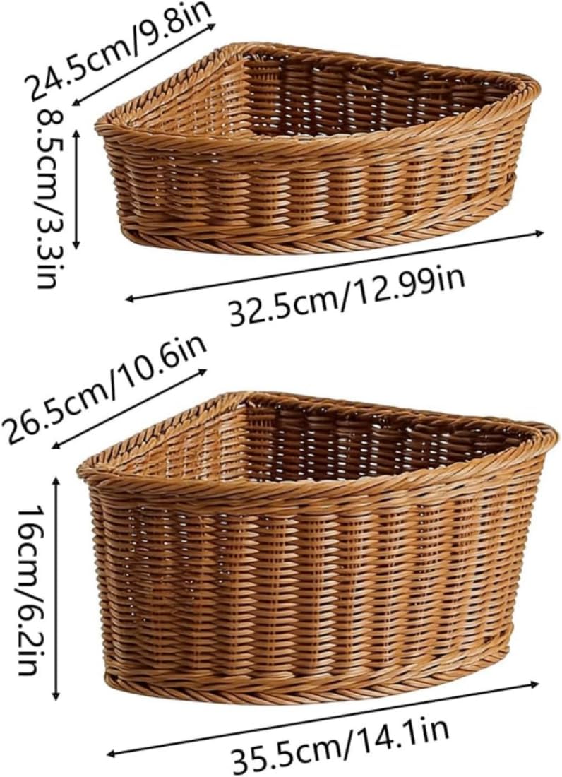 Corner Basket Storage, Triangle Baskets for Corner Shelf, Woven Imitation Rattan Stackable Organizer for Pantry, Kitchen, Bathroom and Closet, Coffee (2Pcs)