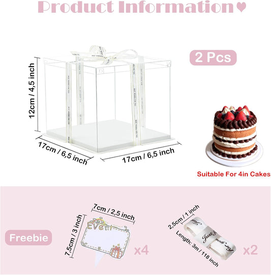 Clear Cake Box, 2 Pcs Transparent Cake Carrier Box with Lids, 4'' PET Packaging Boxes with Ribbon Gift Card for Pastries, Clear Gift Boxes for Birthday, Wedding and Festival Party, White.