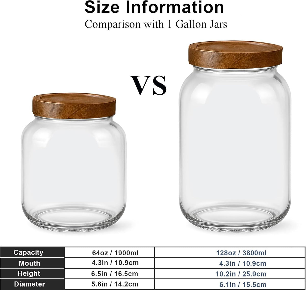 2 Pack Glass Flour Sugar Storage Containers with Acacia Wooden Lid, 1 Gallon Glass Jars with Airtight Lid, Wide Mouth Large Mason Jars 128oz for Rice, Pasta, Oats, Coffee Storage