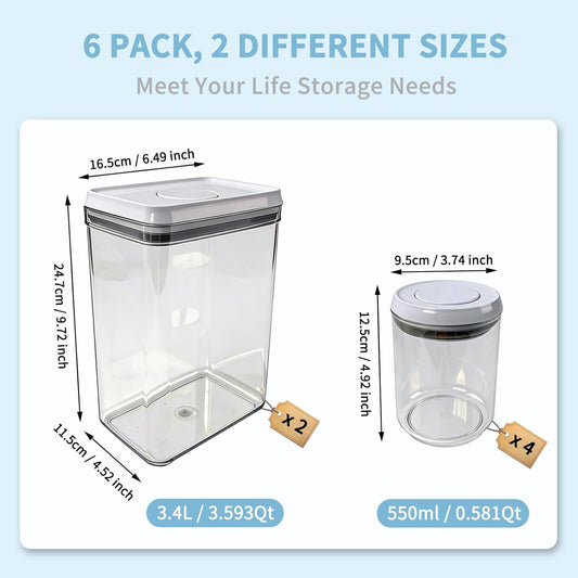 Airtight Pop Top Food Storage Container Sets with Lids 6Pcs Round Rectangle Pop Containers for Kitchen Pantry Organization BPA-Free Stackable Kitchen Storage for Cereal Flour Sugar 0.6qt *4, 3.6qt *2