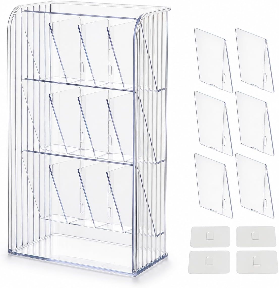 Drink Packet Organizer, 9-Compartment Water Flavor Packet Holder with Removable Dividers, Adjustable Tea Bag and Sugar Packet Storage Bin with Adhesive Stickers for Pantry, Fridge, Cabinet