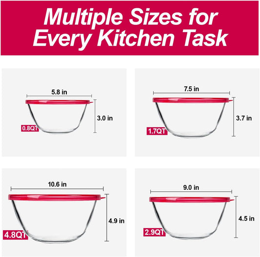 KOMUEE 4 Pack Glass Mixing Bowls Set with Lids (4.8QT, 2.9QT, 1.7QT, 0.8QT), Glass Nesting Bowls for Kitchen Baking, Cooking and Serving, Oven, Dishwasher, Freezer, and Microwave Safe
