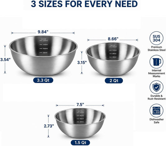 Stainless Steel Mixing Bowls - 9.84", 8.66" & 7.5" Metal Mixing Bowls, 3.3 Qt, 2 Qt & 1.5 Qt Stainless Steel Salad Bowls, Durable 304 Stainless Steel Bowl for Kitchen, Baking, and Meal Prep