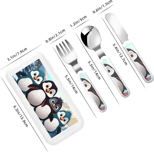 3-Piece Children Utensils Set Five cute penguins Knife Spoon Fork Set Stainless Steel Silverware Set Easy-Grip Reusable Utensils Set Child Flatware Set with Case for Lunch Travel