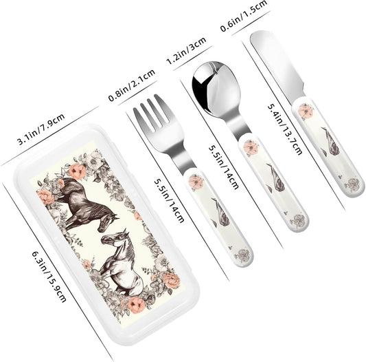 Stainless Steel Kids Silverware Set, Flowers And Horses Hand Drawn Utensil Set Reusable Children Safe Knife Spoon Fork Set With Storage Case Dishwasher Safe For Lunch, Travel Outdoors