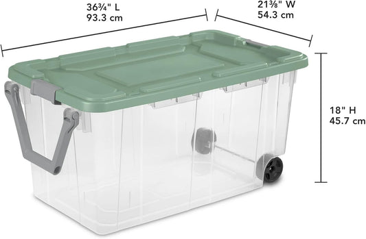 Extra Large Wheeled Storage Bin, 160 Quart Durable Clear Storage Container with Latch Lid and Pull Handle, Light Green, 2 Pack