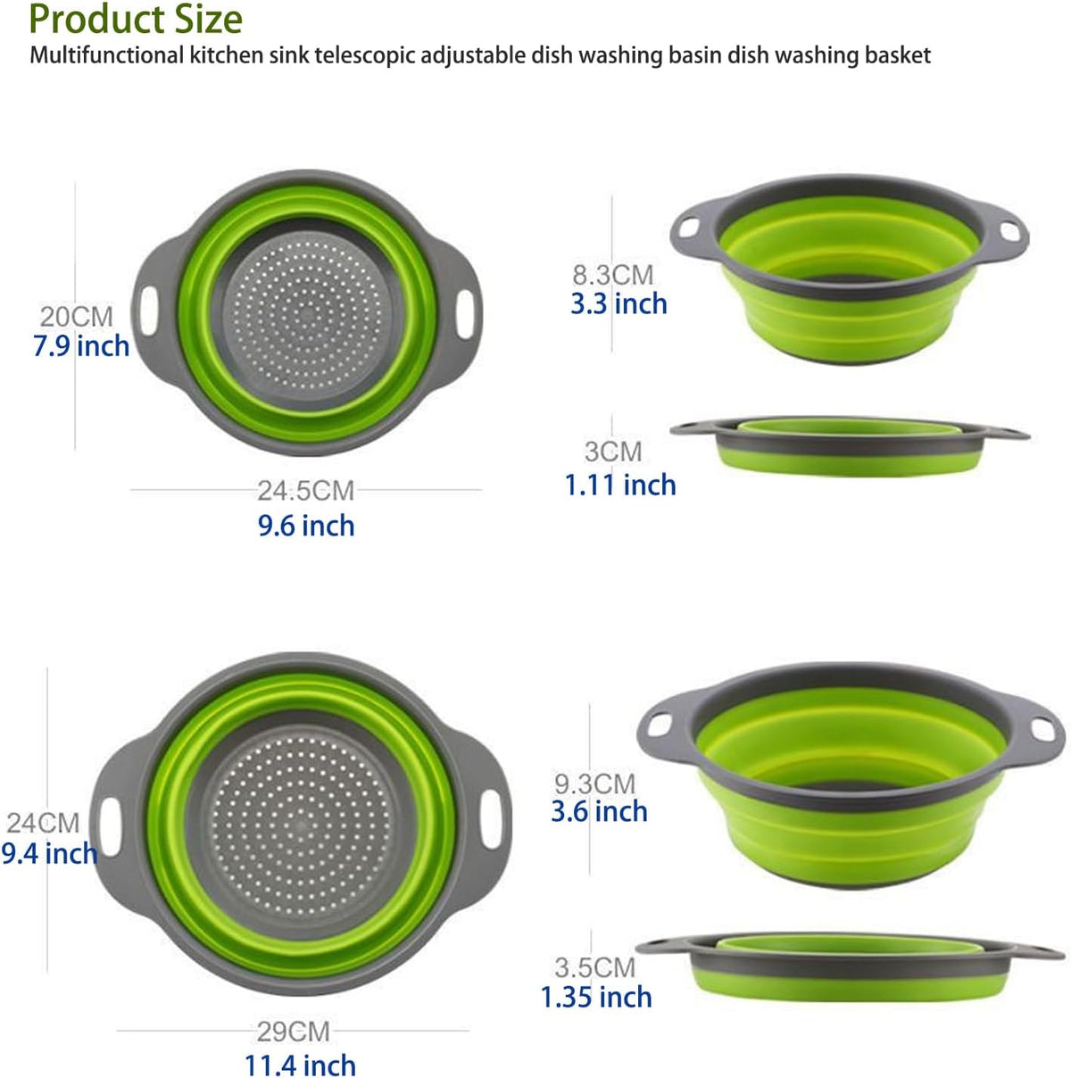 Collapsible Colander Set of 2 (1 Large + 1 Small) – Silicone Kitchen Sink Strainer & Fruit Basket, Perfect for Draining Pasta/Vegetable/Fruit, Home & Travel Essentials