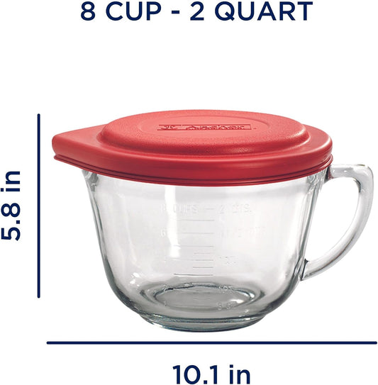 Anchor Hocking Batter Bowl, 2 Quart Glass Mixing Bowl with Red Lid