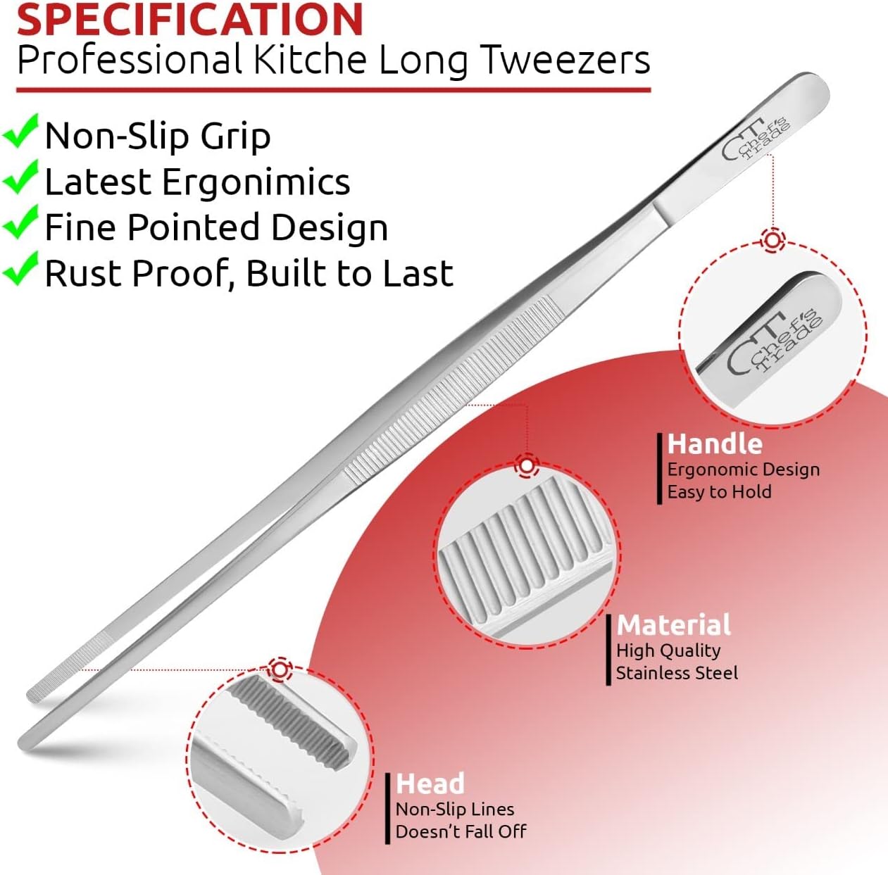 Chef's Trade Professional Kitchen & Cooking Tweezers/Tongs 12" Stainless Steel Multi-Use