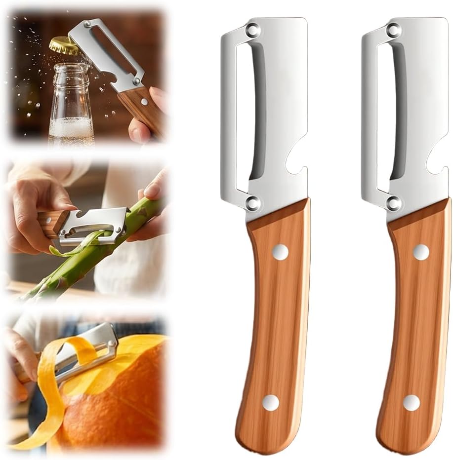 2 Pcs Premium Vegetable Peeler, Multi-Functional Vegetable Stainless Steel Peeler with Wooden Handle and Bottle Opener, Kitchen Gadgets Tool for Vegetables and Fruits, Pumpkin, Potato (2 Colors)