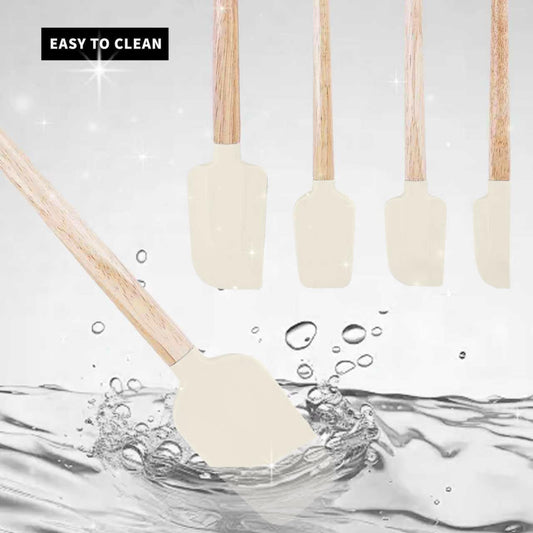 Ptanexx 5-Pcs Wooden Handle Silicone Spatula Set - Heat Resistant up to 428°F.Baking Spatulas for Batter Mixing, Cooking, Jar Scraping, Frosting & More | BPA FREE Gadgets for Non-Stick Cookware