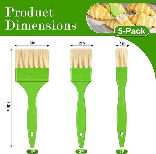 5 Pack Pastry Brush Set, 1/1/2/2/3 inch Food Grade Basting Brush with Plastic Handles, Kitchen Cooking Brush for Sauces, Oil, Butter, Eggs, Baking and Barbecue (Green)