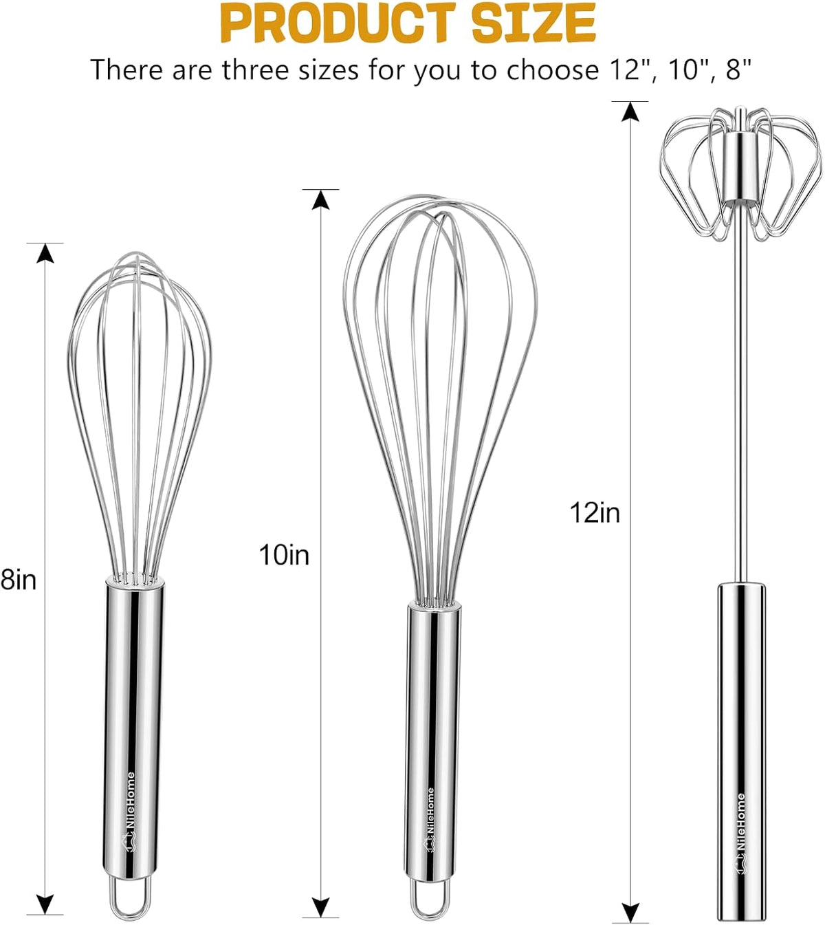 NileHome 3-Pack Stainless Steel Whisk Set, Kitchen Utensils for Cooking