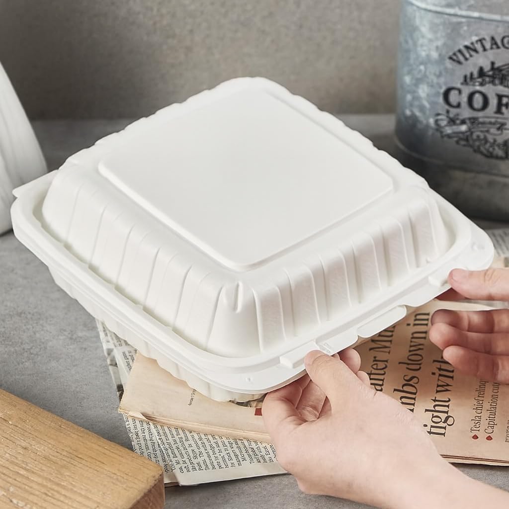 3-Compartment Clamshell Food Containers, Heavy Duty Plastic To Go Boxes with Hinged Lid, Microwave, Freezer & Dishwasher Safe, BPA-Free Takeout Trays for Meal Prep (White) (30, WHITE, 9 * 9inch)