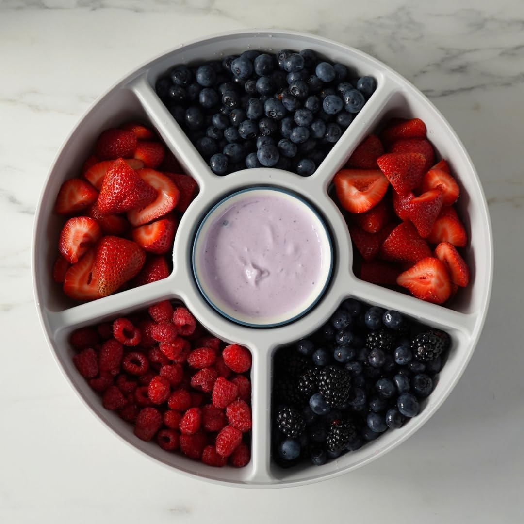 Heavy-Duty Divided Serving Tray with Leakproof Lid-6 Divided Compartments to Serve & Store Food, Snacks, Fruit Tray, Veggie Platter - 100% Made In USA by TEGRIWARE (Arctic Blueberry)