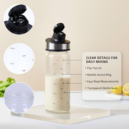 10 oz High Borosilicate Glass Salad Dressing Shaker Bottle, Sauce Cruet and Condiment Dispenser for Syrup, Soy Sauce, Meal Prep and Dining Table