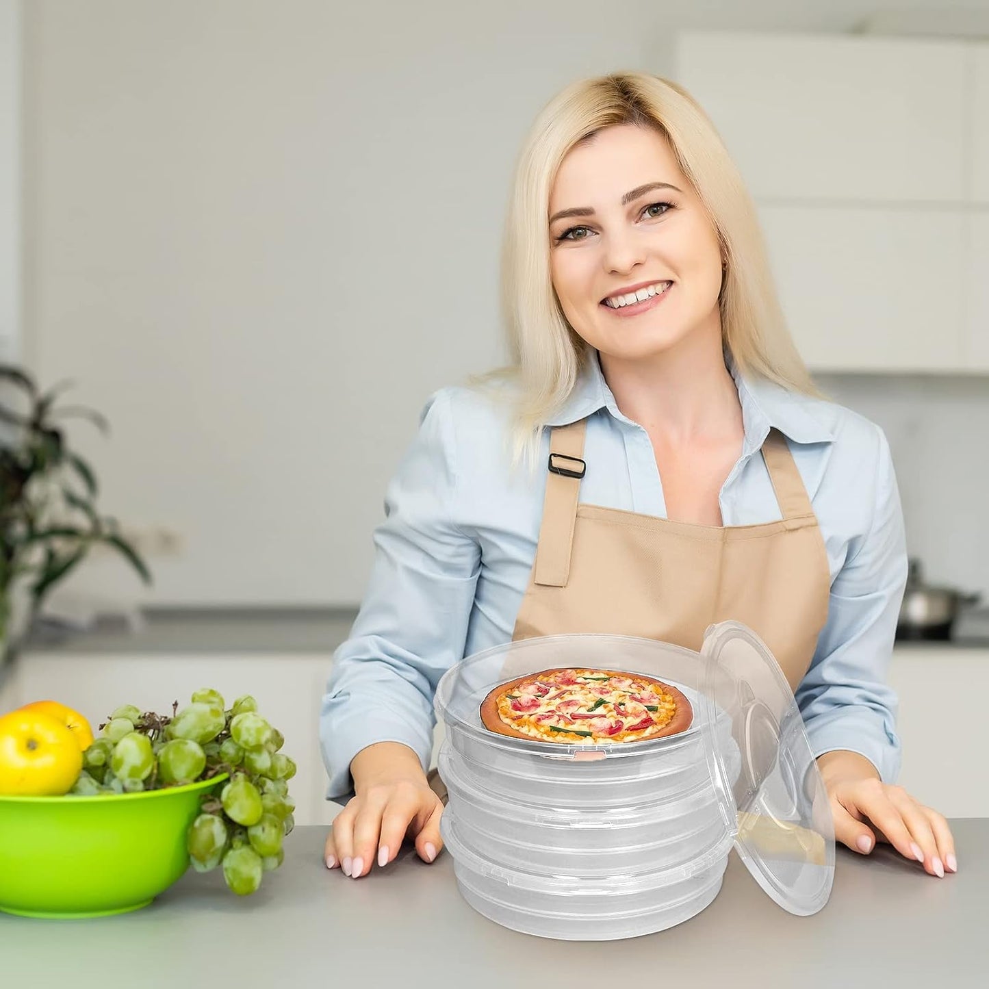 Crowye 3 Pcs 12 Inch Pie Carrier with Lid and Handle, 2 Compartments Food Storage Container Round Pizza Holder Reusable Pizza Keeper for Egg Cheese Tortilla Pastry Cakes Desserts