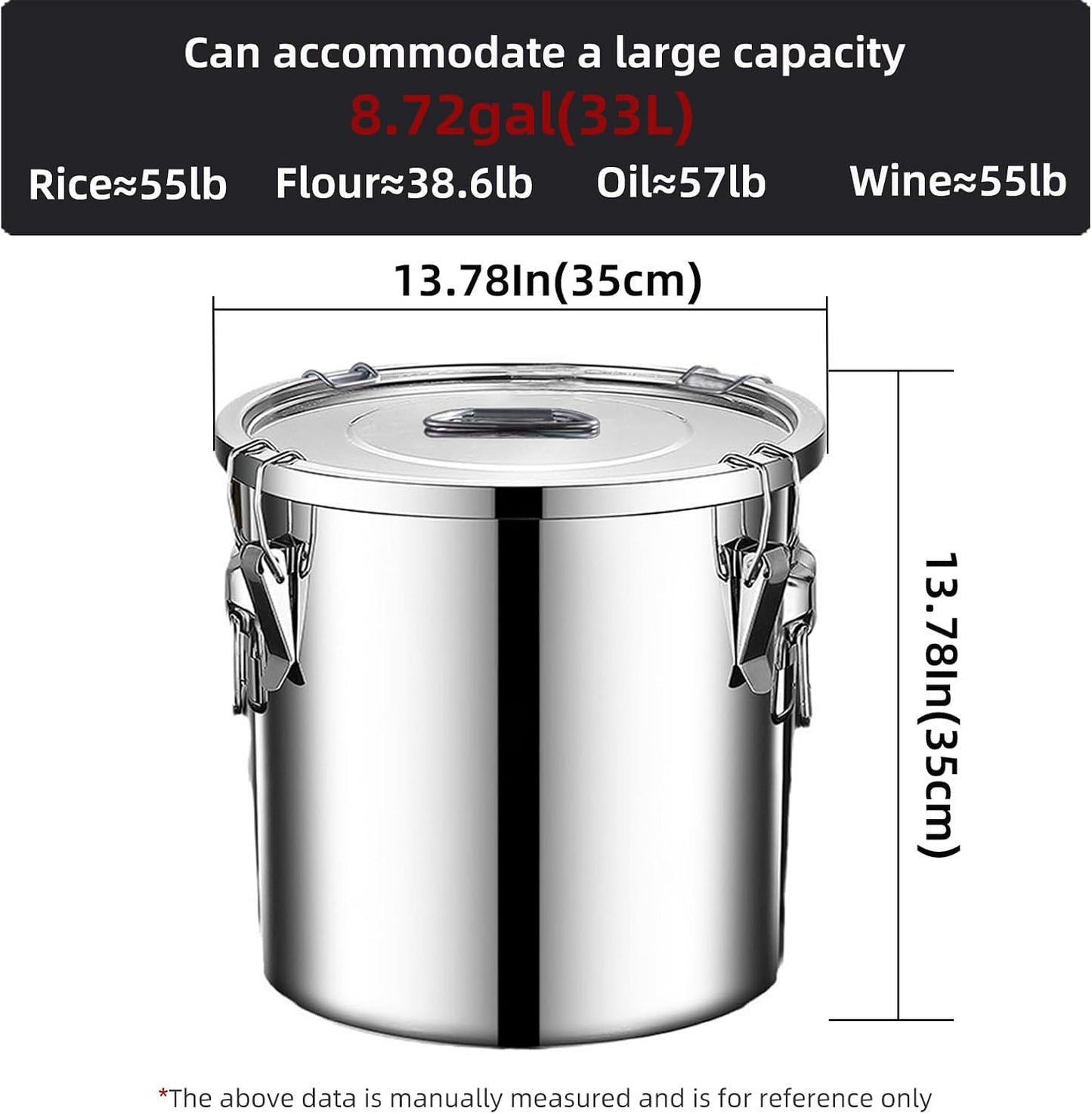 304 stainless steel food storage containers with lids lock clips airtight container large airtight for rice flour sugar grain coffee bean storage containers Kitchen jar (5.55gal/21L)