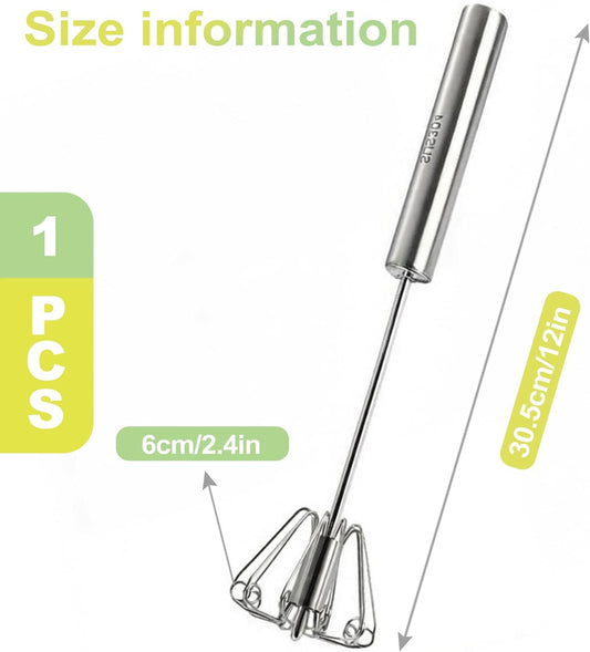 12 Inch Stainless Steel Semi Automatic Whisk - Hand Push Rotary Egg Beater, Manual Whisking Mixer Tool for Milk, Cream, Sauce, Egg Mixing, Blending and Stirring, Heavy Duty Kitchen Utensil