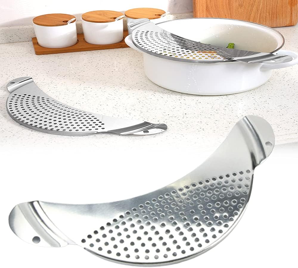 Half‑Moon Stainless Steel Pan Strainer, Pot Drainer for Cookware