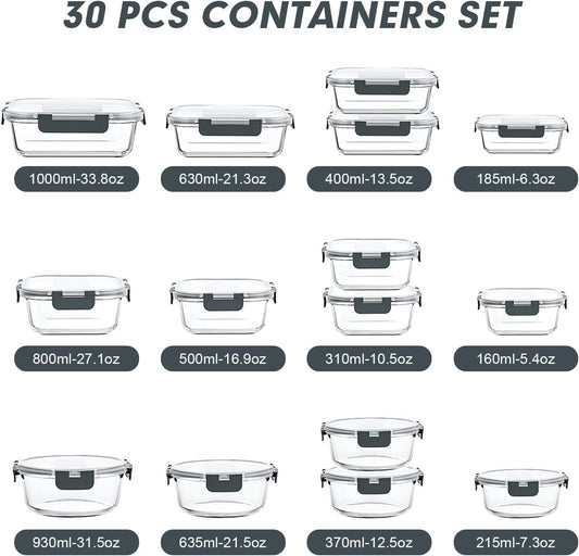 VERONES 30 Pieces Glass Meal Prep Containers Set, Stackable Glass Food Storage Containers with Lids-Airtight Lunch Containers,for Microwave, Oven, Freezer & Dishwasher,Grey
