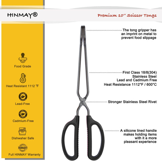 HINMAY Stainless Steel Scissor Tongs 10-Inch and 12-Inch Set, Set of 2