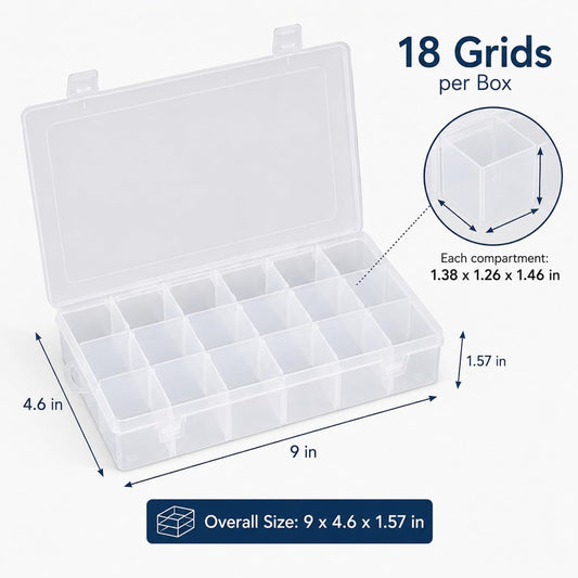 APACALI 6 Pack Plastic Organizer Box with Dividers, 18 Grids Clear Tackle Box Organizer, Adjustable Compartment Storage Boxes for Beads, Jewelry, Crafts, Fishing Lures, Screws and Small Parts