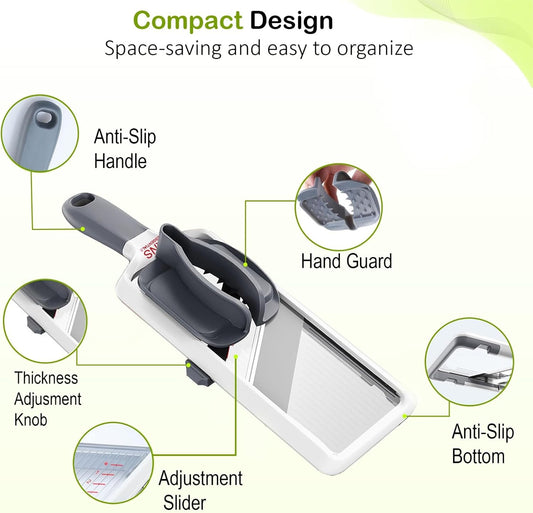 Mandoline Slicer for Kitchen – Adjustable Stainless Steel Blades, with Comfort Grip – Vegetable Slicer for Small to Medium sized Cucumber, Onion, Potato – Gray