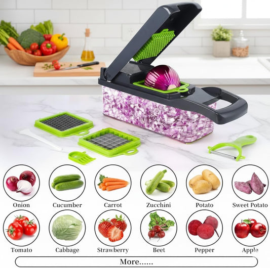 14-in-1 Vegetable Chopper with Container & Interchangeable Blades β Veggie & Onion Chopper, Food Dicer, Mandoline Slicer for Kitchen, Vegetable Slicer for Fast Meal Prep