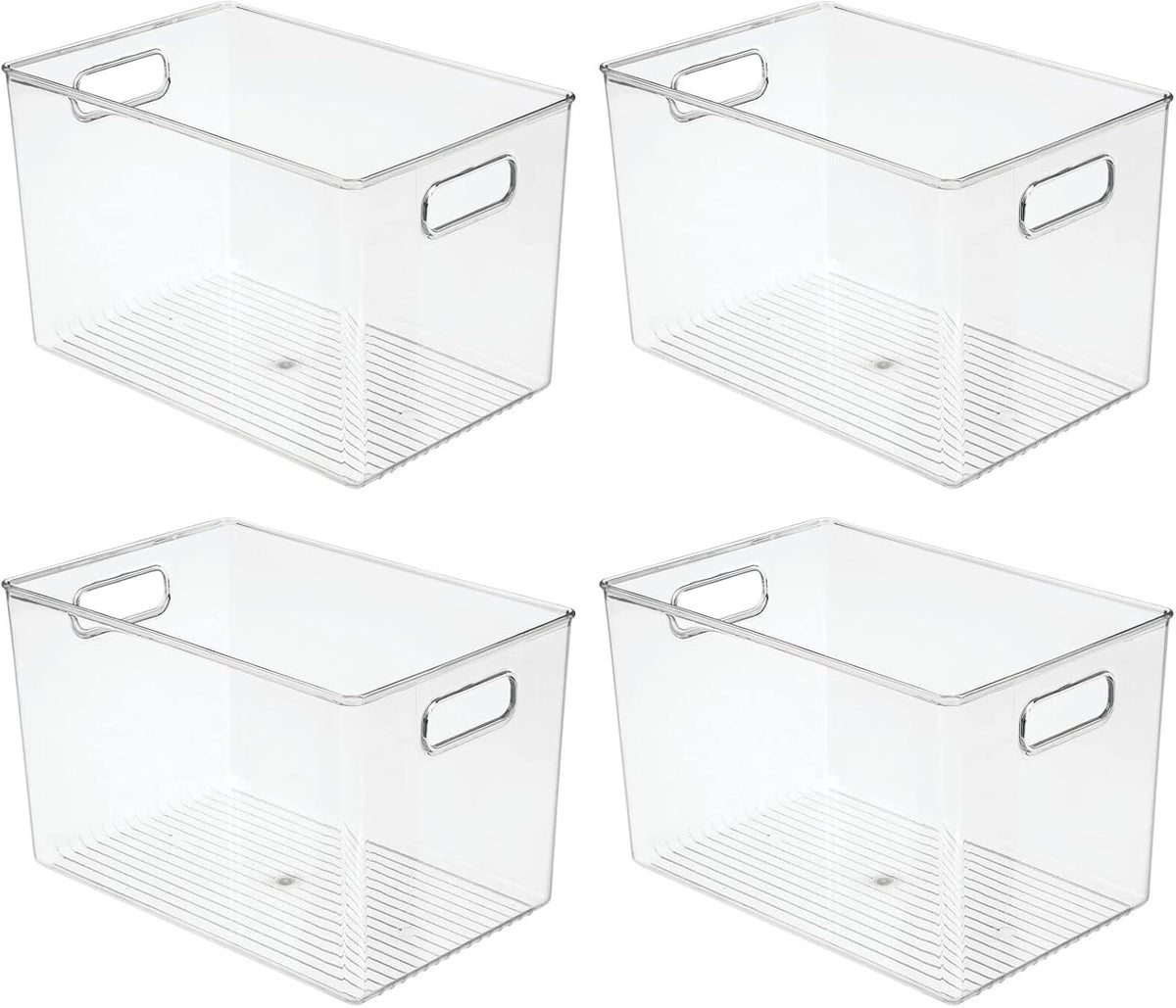 mDesign Deep Plastic Home Storage Organizer Bin with Built-in Handles for Cube Furniture Shelving in Office, Closet, Cabinet, Bedroom, Bathroom, Nursery, Dorm - 4 Pack - Clear