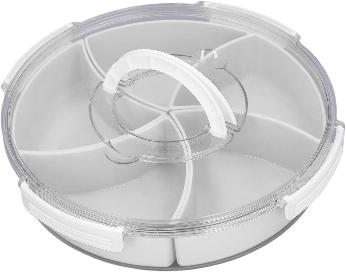 5 Grid Round Rotating Snack Box, Divided Food Storage Container With Lid & Handle, Multi - compartment Serving Tray for Fruit Nut Candy Snack Party Household Use (White)