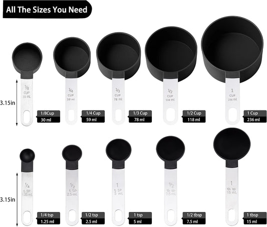 Measuring Cups and Spoons Set of Huygens Kitchen Gadgets 10 Pieces, Stackable Stainless Steel Handle Measuring Cups for Measuring Dry and Liquid Ingredient (Gray)