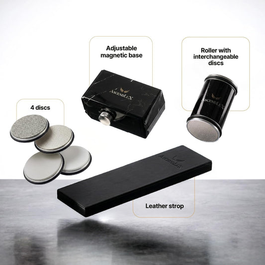 Knife Sharpener, Rolling Knife Sharpener Kit, Adjustable 10-30° Angle, 4-Disc Knife Sharpening Kit, Diamond, Whetstone & Ceramic Discs, Leather Strop, Magnetic Base