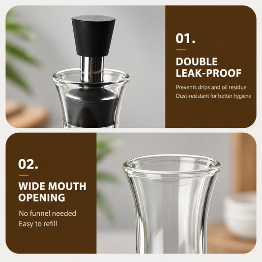2 Packs Glass Salad Dressing Bottles, Leak-Proof Oil Dispenser for Kitchen, High Borosilicate Glass Sauce Bottles with Non-Slip Base for Salad, Cooking, and Condiments