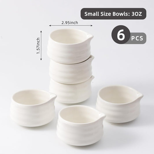 Ceramic Small Sauce Bowls with Spout, White, 3OZ, Set of 6