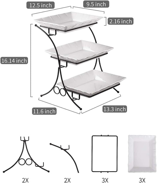 YHOSSEUN Large Tiered Tray Stand, 3 Tier Serving Tray Porcelain Baking Set with Serving Stand 3 Tier Buffet Server for Fruit, Dessert, Food Display Stand for Party, Thanksgiving