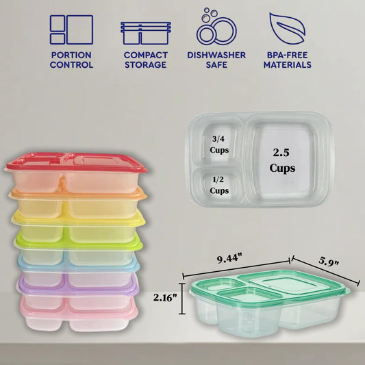 WEEK NINE Bento Lunch Boxes - Reusable 3-Compartment Food Containers for School, Work, and Travel, Set of 7