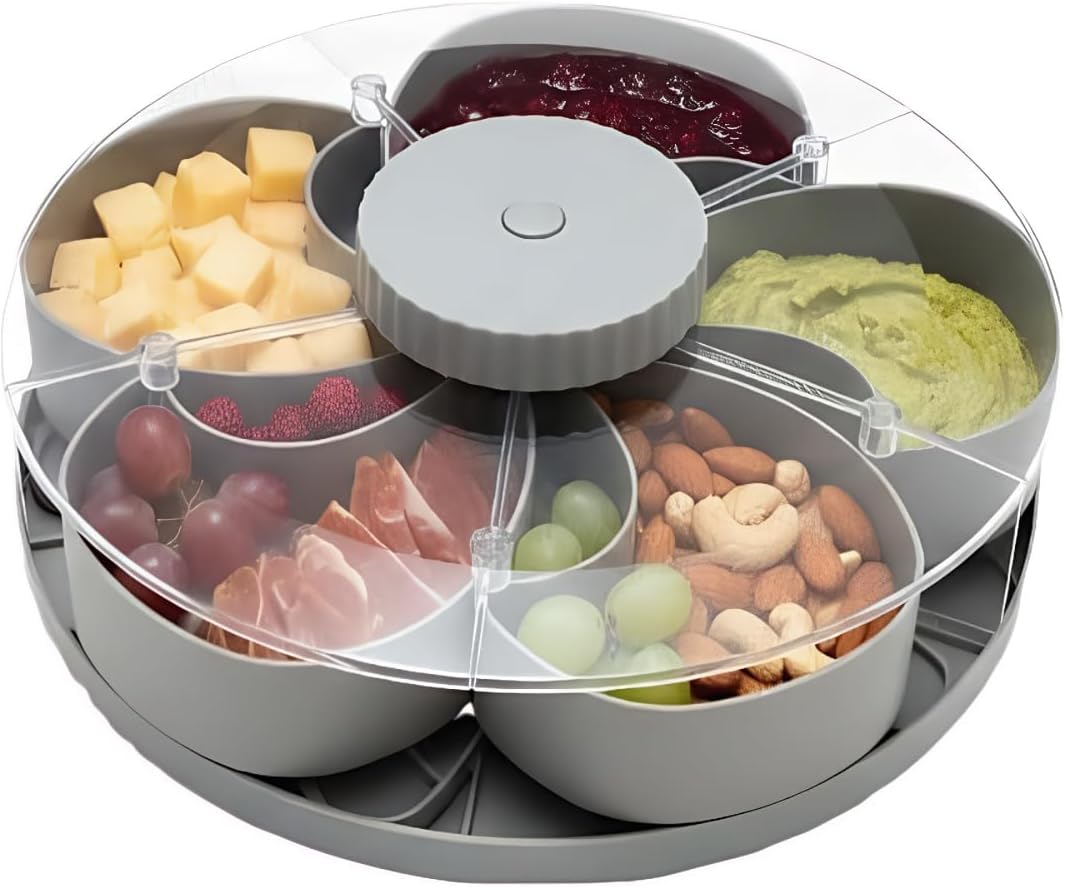 Lid Divided Rotating Snack Tray - Spin Box Platter Containers Candy Chip Storage, Rotating Spice & Snack Organizer, 8.66 inches Wide Clear 5-Compartment Serving, Nuts, and Snacks (Grey)