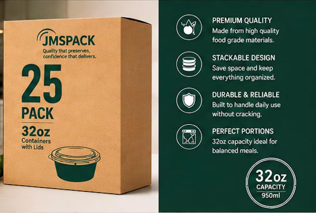 Containers Reusable 32oz - Meal Prep Bowls with Lids 25 Pack, Round Food Prep Bowls for Takeout, Disposable To Go Food Containers, Stackable, Leakproof, BPA-Free, Microwave/Freezer Safe