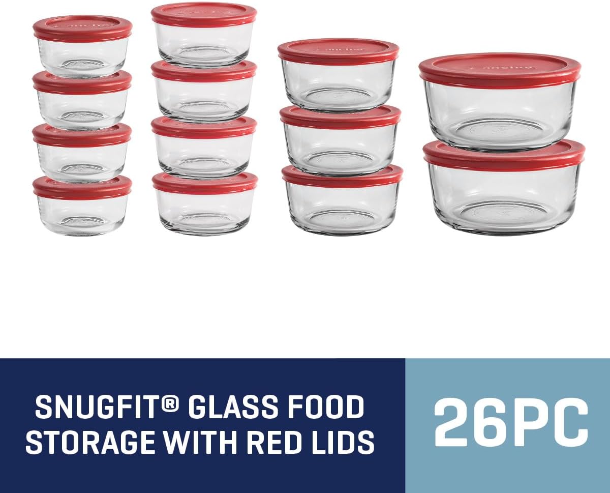 Anchor Hocking 12 Piece Glass Storage Containers with Lids (6 Glass Food Storage Containers & 6 Navy Blue SnugFit Lids)