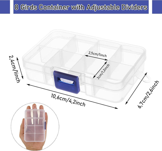 12 Pack 8 Grids Small Plastic Divider Organizer Box, Clear Bead Storage Container with Removable Dividers, Grid Compartment for Small Parts, Screw and Craft, 4.1"x 2.6"x 0.9"