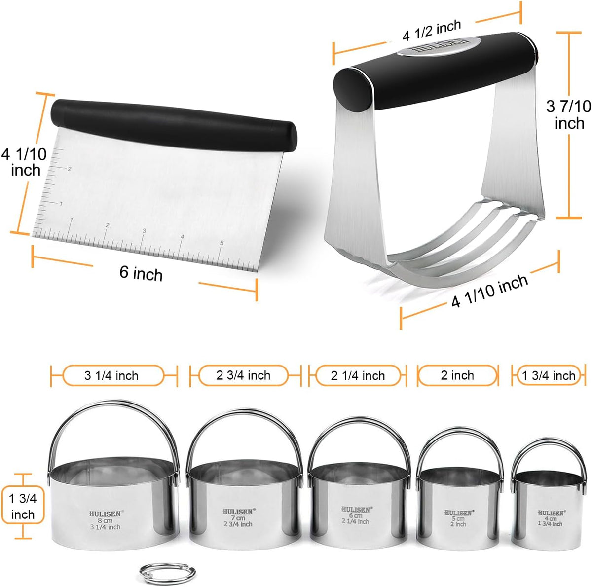 HULISEN 5-Pc Biscuit Cutters, Flour Sifter, Pastry Scraper, Dough Blender