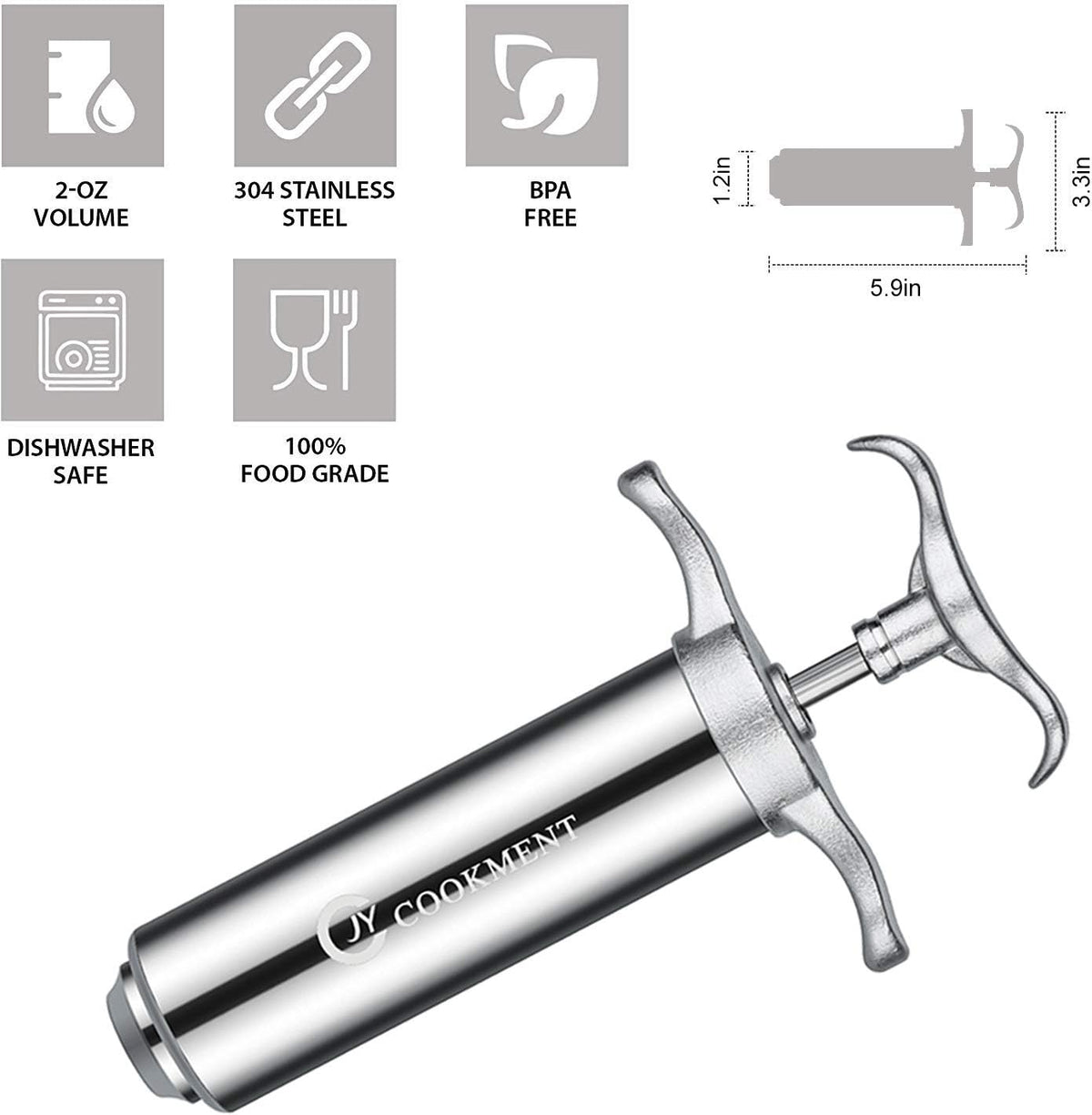 JY COOKMENT Meat Injector Syringe 2-oz Marinade Flavor Barrel 304 Stainless Steel with 3 Professional Needles 2 Cleaning Brushes and 4 Silicone O-Rings
