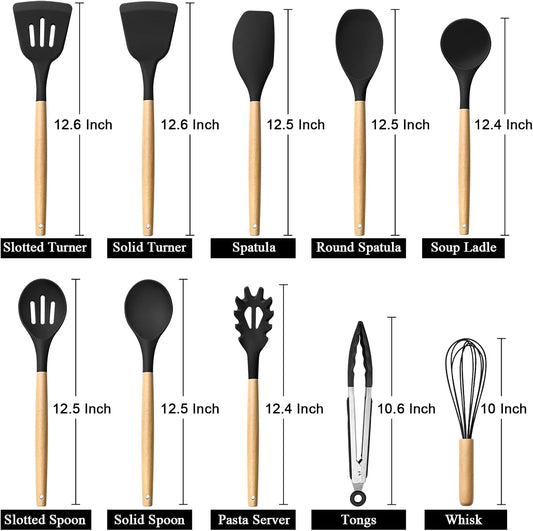 HaWare Silicone Cooking Utensils Set, 10-Piece Chef Kitchen Non-Stick Cookware with Wooden Handle, 450°F Heat Resistant - Khaki