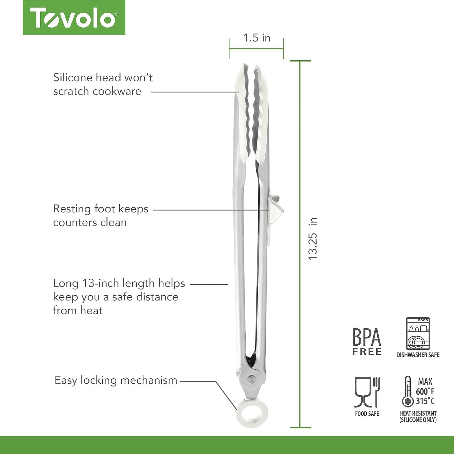 Tovolo Tongs With Silicone Tips Easy Grip 13” Long Kitchen Tongs Stainless Steel Handle For Cooking BBQ, Non Scratch Heat Resistant Locking Metal Silicone Tipped Dishwasher Safe BPA Free, Black