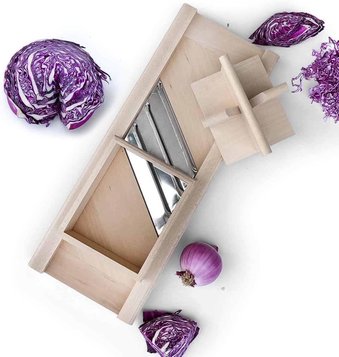 Traditional Wooden Cabbage Shredder Slicer with Hand Guard for Finely Cut Sauerkraut and Coleslaw - Heirloom Quality - Made in Europe - Beech Wood - Stainless Steel Blades