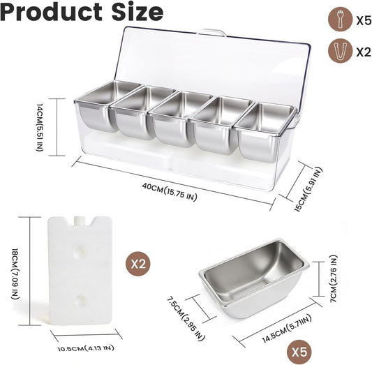 Chilled Condiment Caddy with 5 Stainless Steel Compartments – Condiment Containers with Lids, Serving Tray for Party, Bar, Salad, Taco & Fruit Garnish, Includes 2 Ice Packs, 5 Forks and 2 Tongs