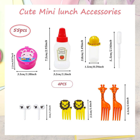 55 Pack Bento Box Accessories Set, Reusable Mini Condiment Bottles, Ketchup Squeeze Bottles & Animal Fruit Food Picks
