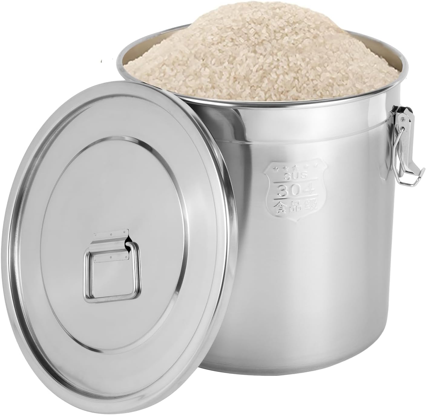 DYNAMI 12.7Gal 304 Stainless Steel Rice Storage Container,Extra Large Food Grade Canister,40-90Lbs Sealed Rice Bucket with Airtight Lid and Locking Buckle,for Rice, Flour, Grain (48L)