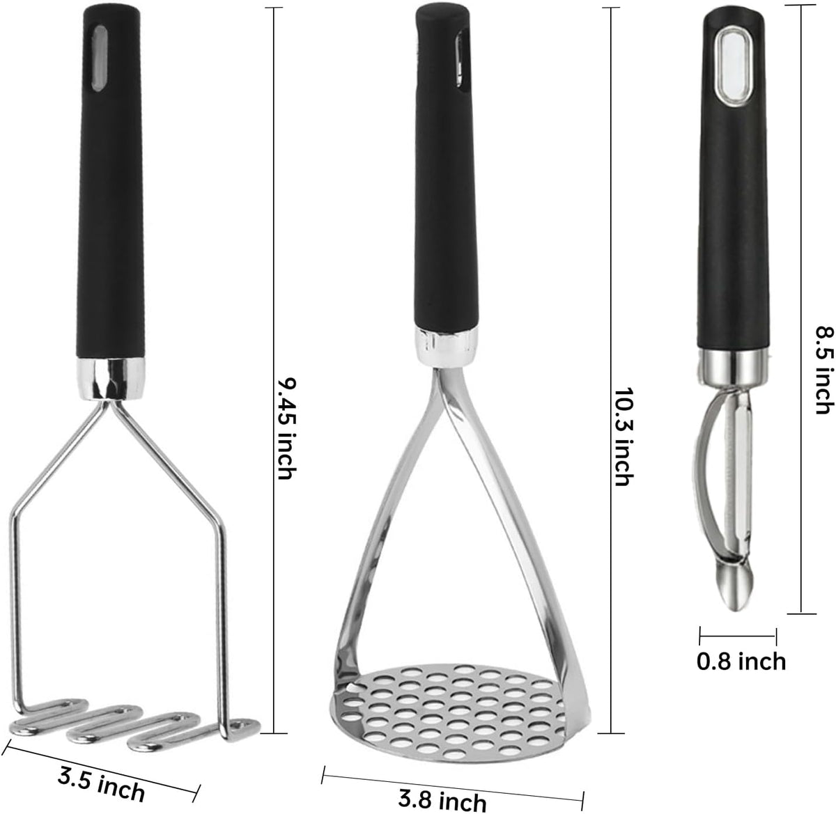 3-Piece Potato Masher & Peeler Set – 2 Stainless Steel Food Mashers + 1 Sharp Vegetable Peeler, Non-Slip Handles for Mashing Potatoes, Avocado, Beans, Veggies & Fruit, Easy to Clean & Dishwasher Safe